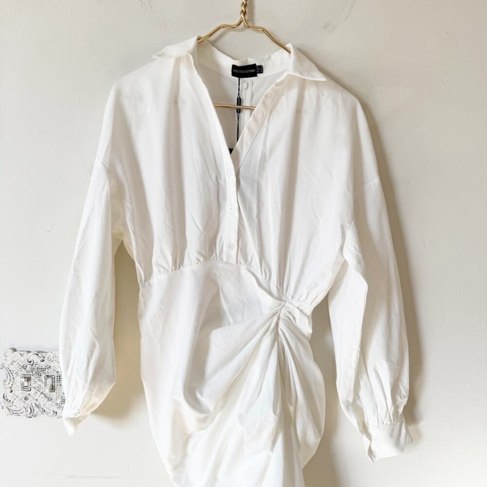NWT Prettylittlething White Gathered Midi Shirt Dress Balloon Sleeves 4 - Picture 7 of 11